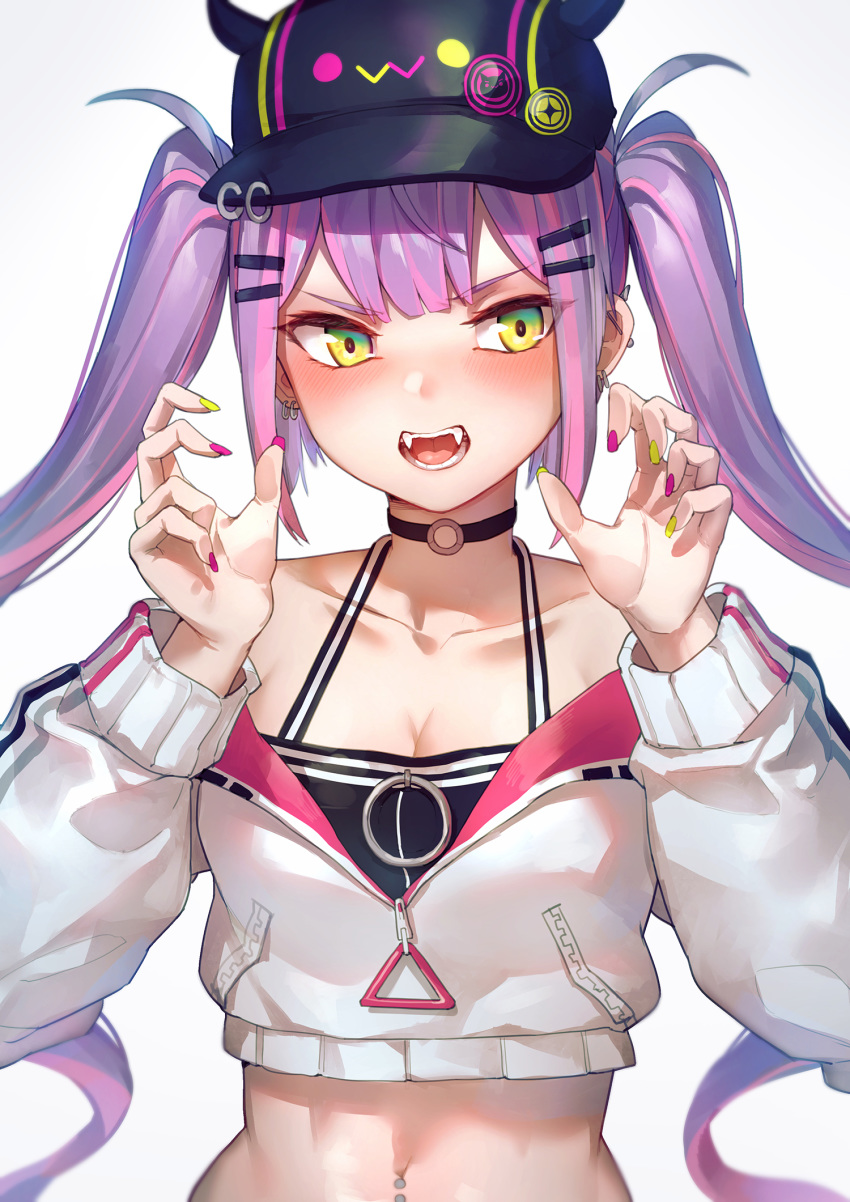 1girl baseball_cap black_choker black_headwear breasts choker claw_pose cleavage collarbone crop_top ear_piercing fake_horns fangs green_eyes hair_ornament hairclip halterneck hands_up hat highres hololive horns jacket long_hair looking_at_viewer midriff mr.lime multicolored multicolored_hair multicolored_nails nail_polish navel navel_piercing off_shoulder open_mouth piercing purple_hair shirt simple_background sleeveless sleeveless_shirt solo streaked_hair tokoyami_towa twintails undershirt upper_body v-shaped_eyebrows virtual_youtuber white_background white_jacket