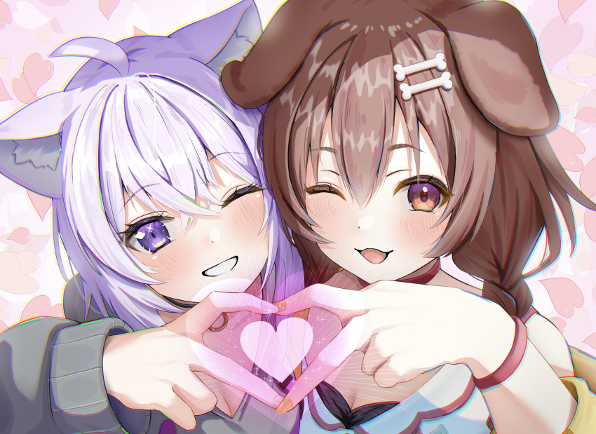 2girls absurdres ahoge animal_ear_fluff animal_ears bare_shoulders black_hoodie blush bone_hair_ornament braid breasts brown_eyes brown_hair cat_ears cat_girl cleavage close-up dog_ears dog_girl dress hair_ornament heart heart_hands heart_hands_duo highres hololive hood hood_down hoodie inugami_korone inugami_korone_(1st_costume) jacket long_hair medium_hair multiple_girls nekomata_okayu nekomata_okayu_(1st_costume) off_shoulder one_eye_closed pink_background purple_eyes purple_hair red_nails smile torakichi_888 twin_braids white_dress yellow_jacket