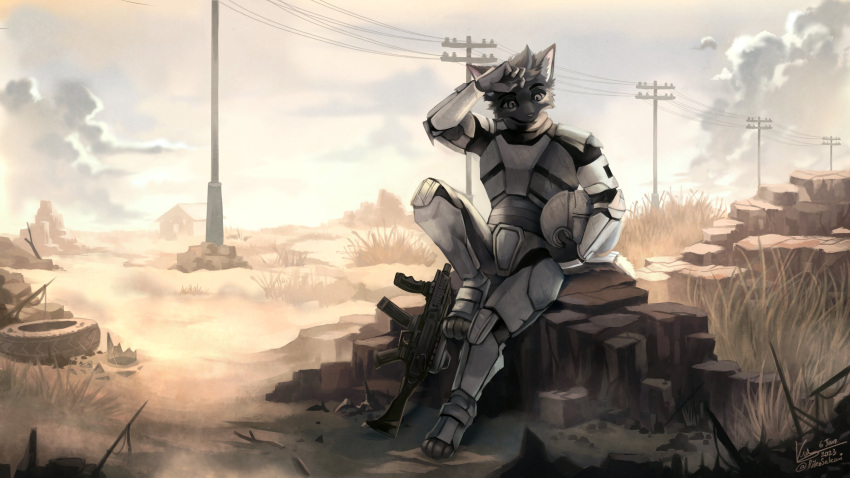 anthro armor biped cloud fingers grass gun headgear helmet hi_res inner_ear_fluff male mammal plant ranged_weapon rikosakari solo tire tuft weapon