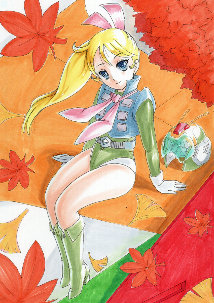 1girl absurdres arm_support autumn_leaves blonde_hair blue_eyes boots ginkgo_leaf gloves green_footwear hair_ribbon hayami_jin helmet highres kamikita_keiko leaf leotard long_hair muteki_choujin_zambot_3 pink_ribbon ponytail ribbon sitting smile solo traditional_media unworn_headwear unworn_helmet vest white_gloves