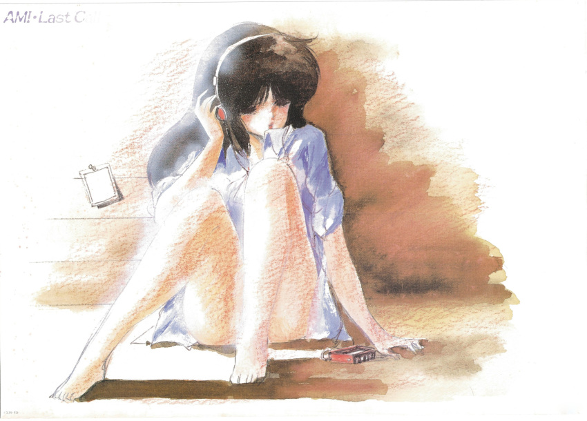 1980s_(style) 1girl brown_hair closed_eyes cream_lemon dress_shirt full_body headphones highres long_hair non-web_source nonomura_ami official_art on_floor painting_(medium) panties panty_peek retro_artstyle shingyouji_tatsuya shirt sitting solo traditional_media underwear watercolor_(medium) watercolor_pencil_(medium) white_panties