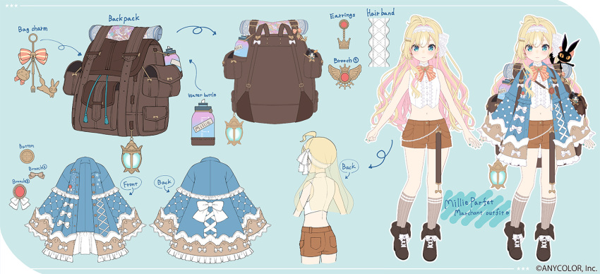 778-go ahoge aqua_eyes aqua_nails backpack bag bare_shoulders blonde_hair blue_jacket blush bottle bow bowtie character_name copyright_name famillie_(millie_parfait) flat_chest from_behind hair_between_eyes hair_ornament hairband hairclip jacket lace_hairband lantern long_hair lucie_(millie_parfait) midriff millie_parfait millie_parfait_(4th_costume) multiple_views navel nijisanji nijisanji_en official_art reference_sheet second-party_source shorts socks tachi-e translucent_hair virtual_youtuber water_bottle white_hairband