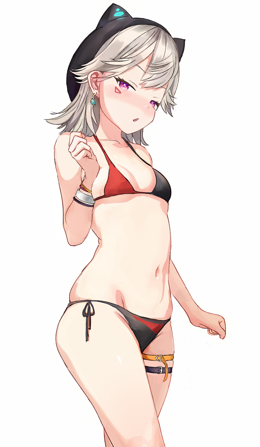 1girl :o absurdres adapted_costume animal_hat bikini black_bikini black_hat blush bracelet breasts cat_hat clenched_hand earrings grey_hair hat highres jewelry komori_met komori_met_(summer_c102) looking_at_viewer medium_hair micro_bikini navel nose_blush purple_eyes red_bikini side-tie_bikini_bottom simple_background skindentation small_breasts solo stomach swimsuit thigh_strap triangle_facial_mark two-tone_bikini virtual_youtuber vspo! white_background wristband yamaoka_remu