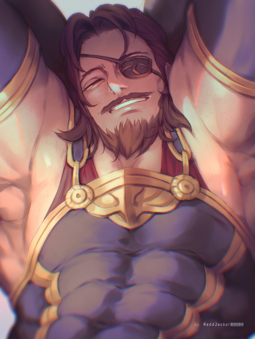 1boy absurdres armpits arms_behind_head bara beard brown_hair covered_abs eugen_(granblue_fantasy) eyepatch facial_hair full_beard granblue_fantasy granblue_fantasy:_relink highres large_pectorals male_focus mature_male muscular muscular_male pectorals reddjackal short_hair sidepec solo thick_beard thick_eyebrows upper_body