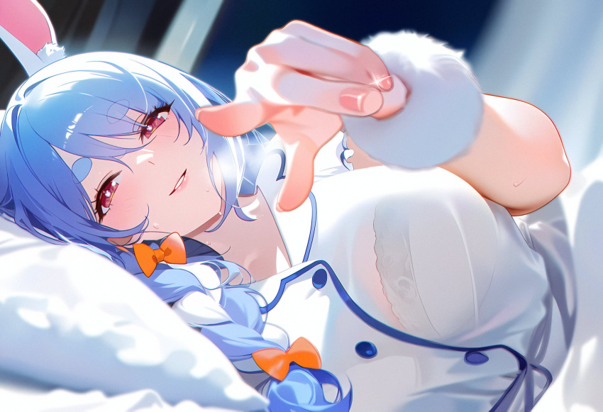 1girl animal_ears blue_hair braid breasts highres hololive large_breasts long_hair looking_at_viewer mature_female pekomama pointing pointing_at_viewer rabbit-shaped_pupils rabbit_ears rabbit_girl red_eyes see-through smile solo symbol-shaped_pupils thick_eyebrows white_hair