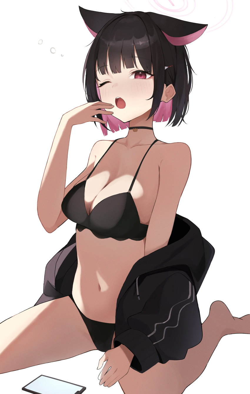 1girl :o absurdres animal_ears bare_arms bare_shoulders barefoot black_bra black_choker black_hair black_hoodie black_panties blue_archive blunt_bangs blunt_ends bob_cut bra breasts cat_ears cellphone choker cleavage collarbone colored_inner_hair commentary extra_ears eyelashes food-themed_hair_ornament frilled_choker frills hair_ornament halo hand_up highres hood hoodie ice_cream_hair_ornament kazusa_(blue_archive) knees_out_of_frame medium_breasts mukana_meme multicolored_hair navel one_eye_closed open_clothes open_hoodie open_mouth panties phone pink_hair pink_halo red_eyes short_hair simple_background sitting sleepy smartphone solo stomach tsurime underwear wariza white_background yawning