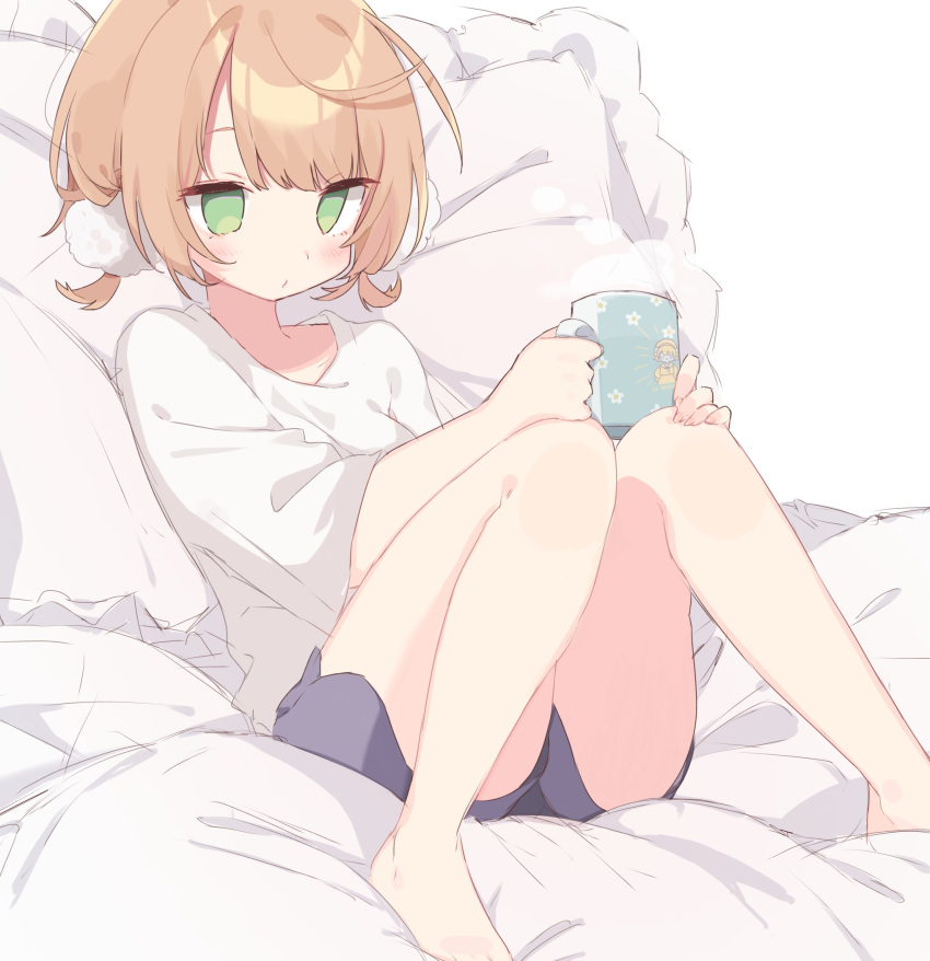 1girl barefoot blue_shorts blush breasts cup green_eyes hair_ornament highres holding holding_cup indie_virtual_youtuber light_brown_hair mug no_pupils pillow pom_pom_(clothes) pom_pom_hair_ornament shigure_ui_(vtuber) shiramacu shirt shorts sitting solo steam virtual_youtuber white_shirt