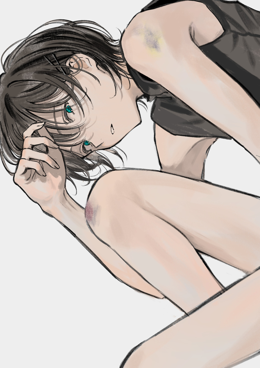 1boy aqua_eyes black_hair black_shirt bruise_on_leg bruise_on_shoulder dm_owr from_side hand_to_forehead highres knees_up looking_at_viewer male_focus multiple_hairpins original parted_lips shirt short_hair simple_background sleeveless solo