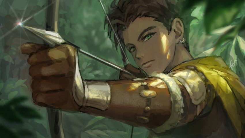 1boy arrow_(projectile) bow_(weapon) brown_hair cape claude_von_riegan closed_mouth drawing_bow earrings fire_emblem fire_emblem:_three_houses fon-due_(fonfon) glint gloves green_eyes highres holding holding_bow_(weapon) holding_weapon jewelry leather leather_gloves male_focus outdoors short_hair signature solo upper_body weapon yellow_cape