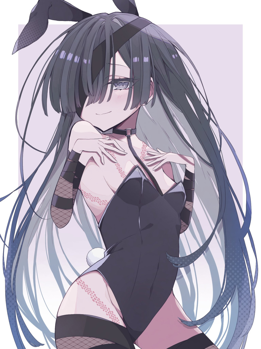 1girl animal_ears bare_shoulders black_hair blush breasts eyepatch fake_animal_ears fate/grand_order fate_(series) hair_over_one_eye highres i10_ksw long_hair looking_at_viewer mochizuki_chiyome_(fate) playboy_bunny purple_eyes rabbit_ears rabbit_tail simple_background small_breasts smile solo tail tattoo very_long_hair