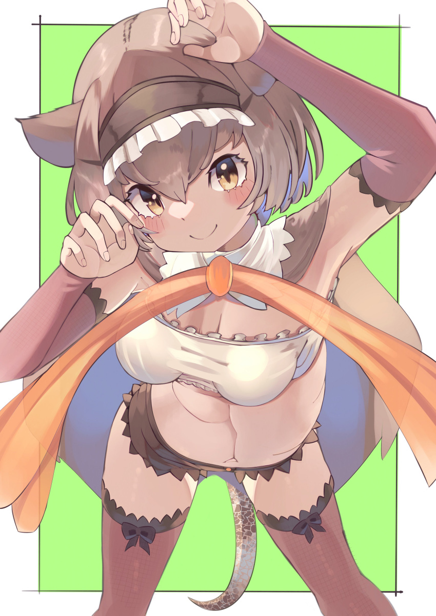 1girl absurdres animal_ears bow bowtie brown_eyes brown_hair cloak elbow_gloves extra_ears frilled_lizard_(ex)_(kemono_friends) gloves green_background highres kemono_friends lizard_tail looking_at_viewer navel osnmykk reptile_girl short_hair shorts simple_background solo strapless tail thighhighs tube_top