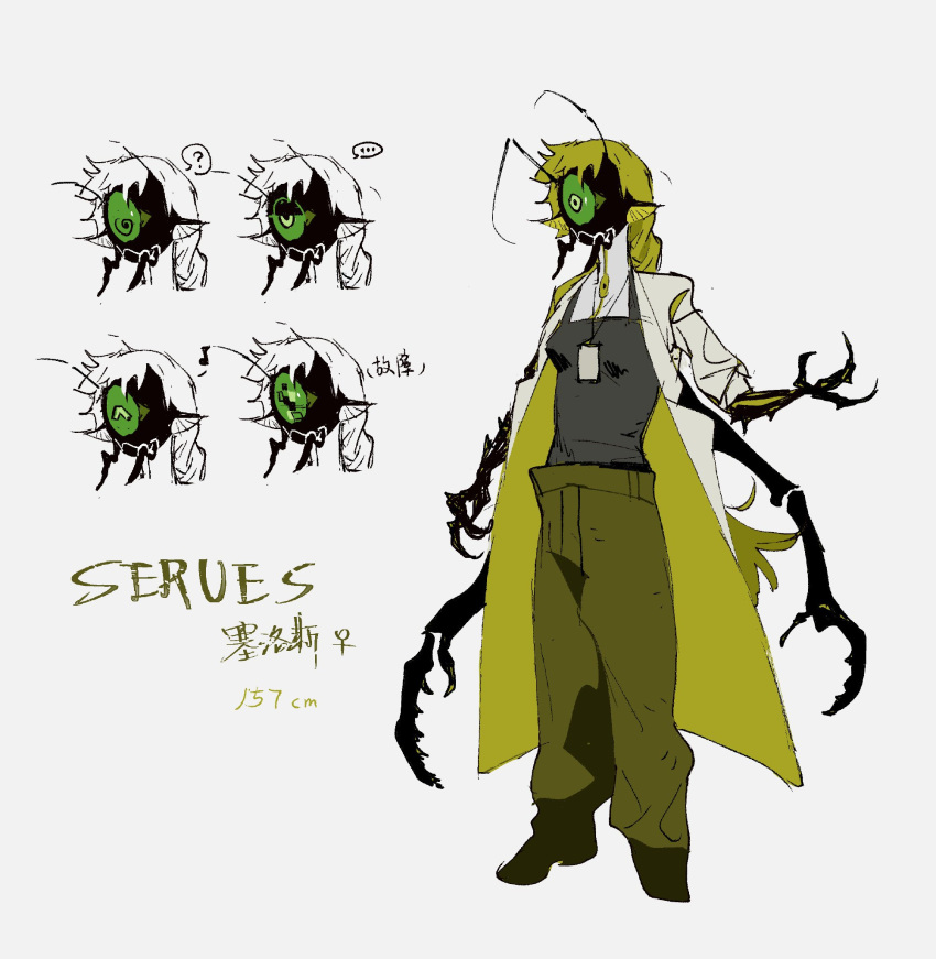 ... 1girl ? animal_hands antennae arthropod_girl arthropod_limbs black_footwear chinese_commentary coat colored_sclera commentary_request expressions full_body green_coat green_eyes green_hair green_pants green_sclera hand_up highres long_hair long_sleeves mandibles one-eyed original pants pointy_ears reference_sheet simple_background solo spoken_ellipsis spoken_question_mark standing translation_request two-sided_coat two-sided_fabric very_long_hair white_background yulei_yuuuuu