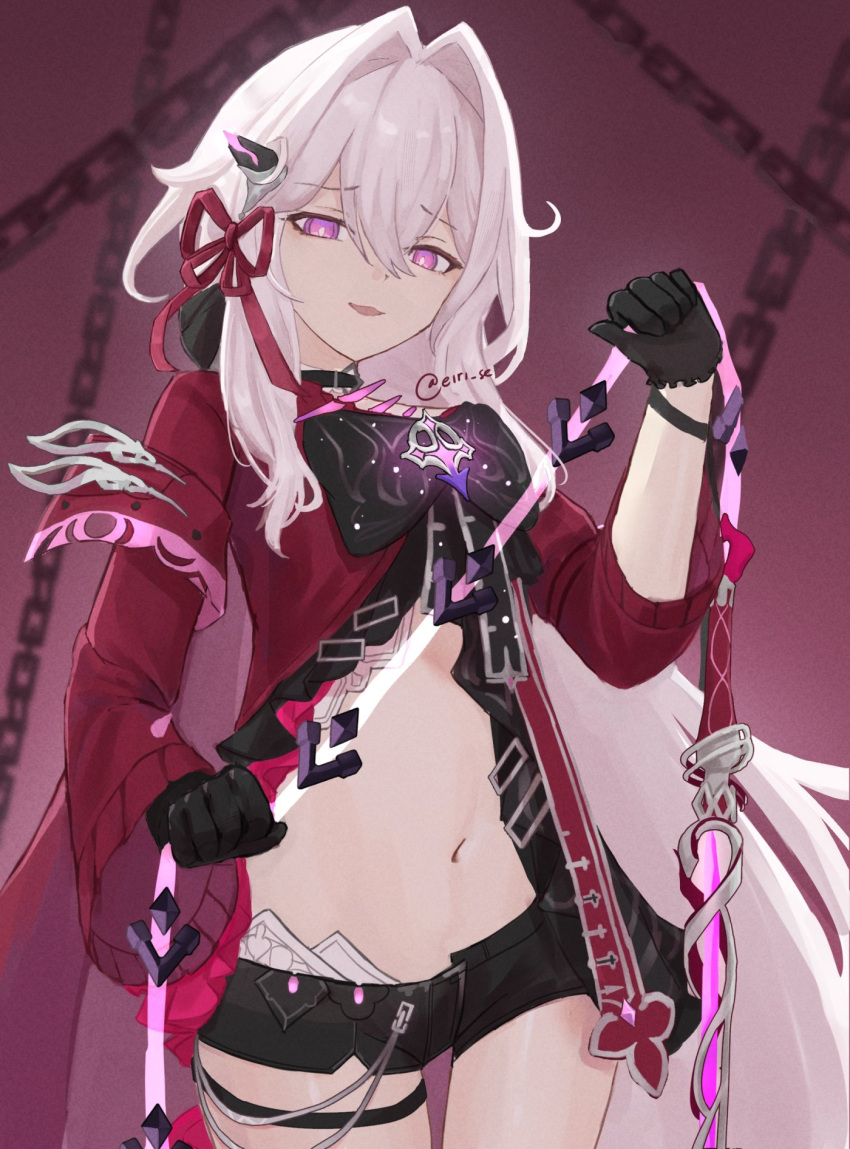 1girl anklet armlet belly black_choker black_gloves black_shorts bright_pupils chain choker cross eiri_se gloves hair_ornament highres holding holding_whip honkai_(series) honkai_impact_3rd jacket jewelry long_hair long_sleeves looking_at_viewer navel open_mouth purple_background purple_eyes purple_ribbon red_jacket red_ribbon ribbon ribbon_hair_ornament shorts simple_background smile thelema_(honkai_impact) very_long_hair weapon whip_sword white_hair white_pupils