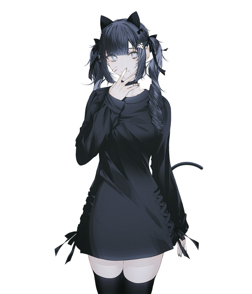 1girl animal_ears bandaid bandaid_on_face black_choker black_dress black_hair black_ribbon black_tail blue_eyes blunt_bangs cat_tail choker closed_mouth covering_own_mouth cowboy_shot dress fake_animal_ears fov_ps hair_ribbon hand_over_own_mouth highres long_hair looking_at_viewer mole mole_under_eye mole_under_mouth original ribbon short_dress simple_background smile solo tail twintails white_background