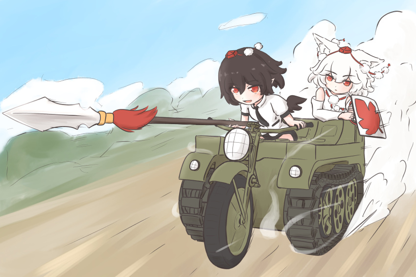 2girls animal_ears bare_shoulders black_hair black_necktie black_skirt black_wings brown_hair detached_sleeves driving half-track hat highres holding holding_polearm holding_shield holding_weapon inubashiri_momiji kettenkrad kokowoch leaf maple_leaf motor_vehicle multiple_girls necktie open_mouth outdoors pointy_ears polearm pom_pom_(clothes) puffy_short_sleeves puffy_sleeves red_eyes red_hat shameimaru_aya shield shirt short_hair short_sleeves sitting skirt sky smile spear speed_lines tokin_hat touhou weapon white_hair wings wolf_ears wolf_girl