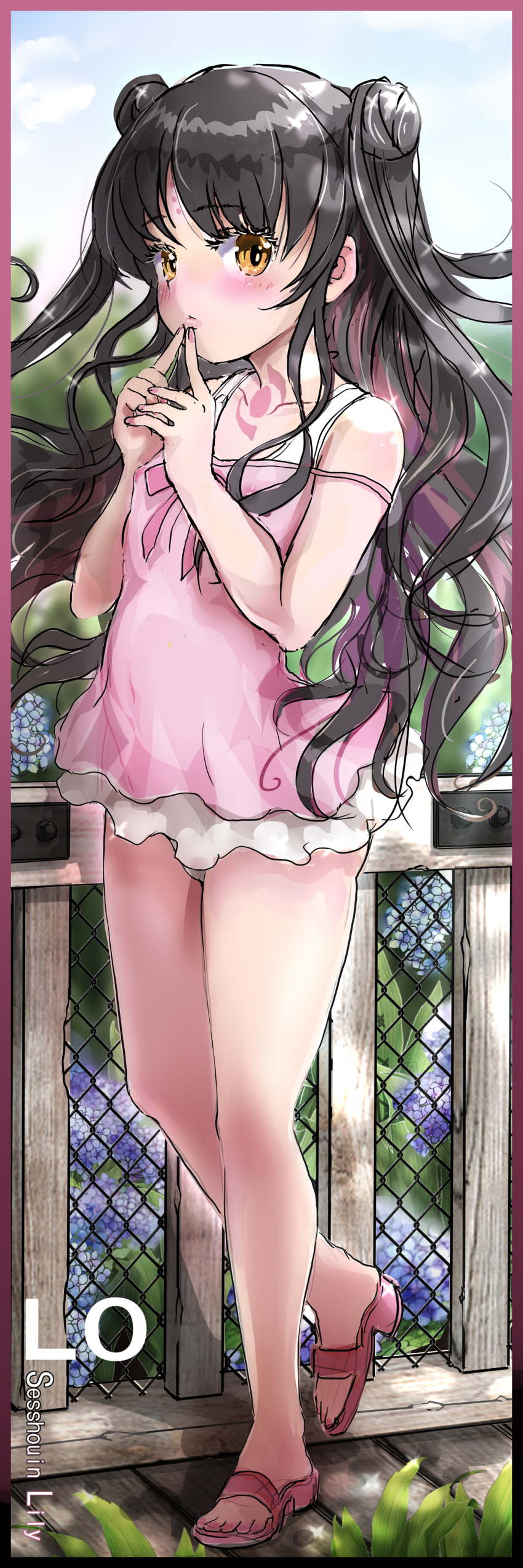1girl absurdres bangs black_hair blue_flower blush border brown_border brown_eyes casual_one-piece_swimsuit character_name chunyan closed_mouth commentary_request dakimakura double_bun eyebrows_visible_through_hair facial_mark fate/grand_order fate_(series) fence flower forehead_mark full_body hands_up highres hydrangea long_hair looking_at_viewer multicolored_hair one-piece_swimsuit parted_bangs pink_footwear pink_hair pink_swimsuit sandals sesshouin_kiara sesshouin_kiara_(swimsuit_mooncancer)_(fate) solo standing standing_on_one_leg swimsuit two-tone_hair two_side_up very_long_hair white_swimsuit younger