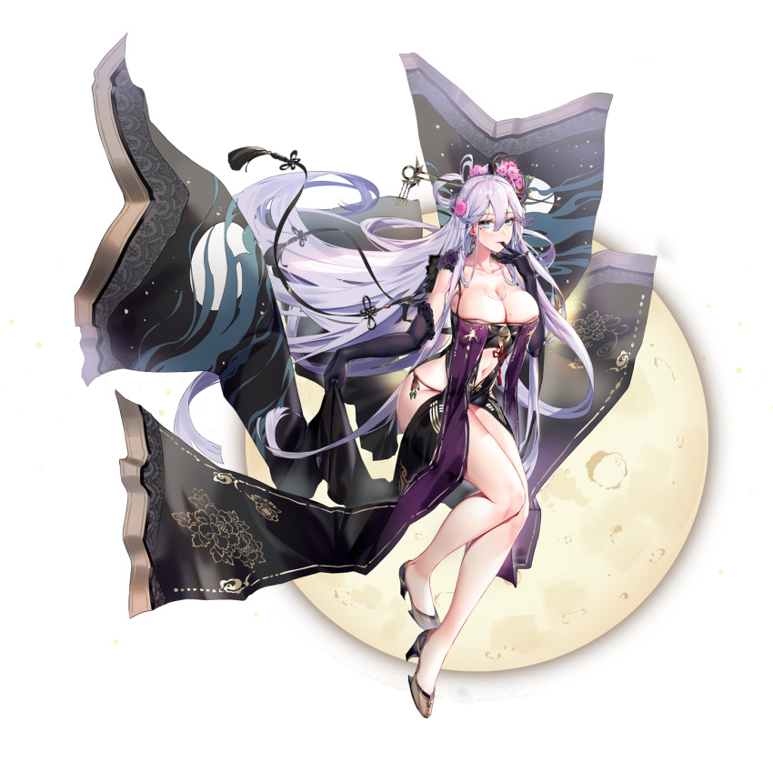 1girl aqua_eyes ark_order armpits bare_shoulders black_dress black_gloves breasts changxi_(ark_order) cleavage closed_mouth collarbone dress elbow_gloves finger_in_own_mouth floating floating_hair flower full_body full_moon gloves hair_between_eyes hair_flower hair_ornament hair_rings high_heels highres long_hair looking_at_viewer midriff mole mole_on_breast moon navel official_art panties purple_hair revealing_clothes side-tie_panties sidelocks solo tachi-e underwear very_long_hair you_ni_ge_shaobing