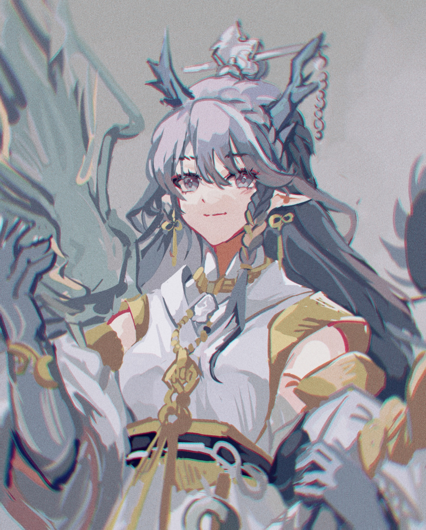 1girl absurdres arknights bare_shoulders blurry braid chinese_clothes chinese_commentary chromatic_aberration closed_mouth commentary_request detached_sleeves dragon dragon_girl dragon_horns dress eastern_dragon eyes_visible_through_hair film_grain grey_background grey_eyes grey_hair hair_between_eyes hair_ornament hairpin highres horns liangkuaiquqi91236 ling_(arknights) long_hair looking_at_viewer muted_color pointy_ears side_braid sketch sleeveless sleeveless_dress smile solo split_mouth upper_body white_dress white_sleeves wide_sleeves