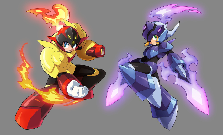 1boy 1girl arm_blade arm_cannon armarouge armarouge_(cosplay) armor black_bodysuit blonde_hair blue_eyes bodysuit boots ceruledge ceruledge_(cosplay) clenched_hand cosplay fire flaming_sword flaming_weapon full_body green_eyes grey_background highres mega_man_(character) mega_man_(classic) mega_man_(series) pokemon power_armor purple_armor purple_fire purple_footwear purple_helmet red_footwear red_helmet roll_(mega_man) ultimatemaverickx weapon yellow_armor