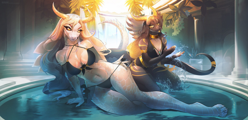 anthro bikini breasts cleavage clothed clothing duo female hair hi_res horn kneeling looking_at_viewer lying markings non-mammal_breasts partially_submerged reptile scales scalie snake snake_hood striped_markings stripes swimwear unknowhiter