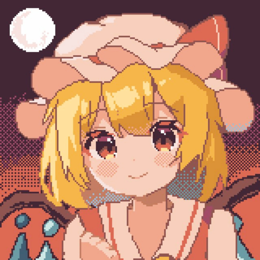 1girl blonde_hair closed_mouth collarbone commentary_request crystal flandre_scarlet full_moon hat hat_ribbon highres mob_cap moon nene_man pixel_art red_eyes red_ribbon ribbon short_hair smile solo touhou upper_body white_hat wings