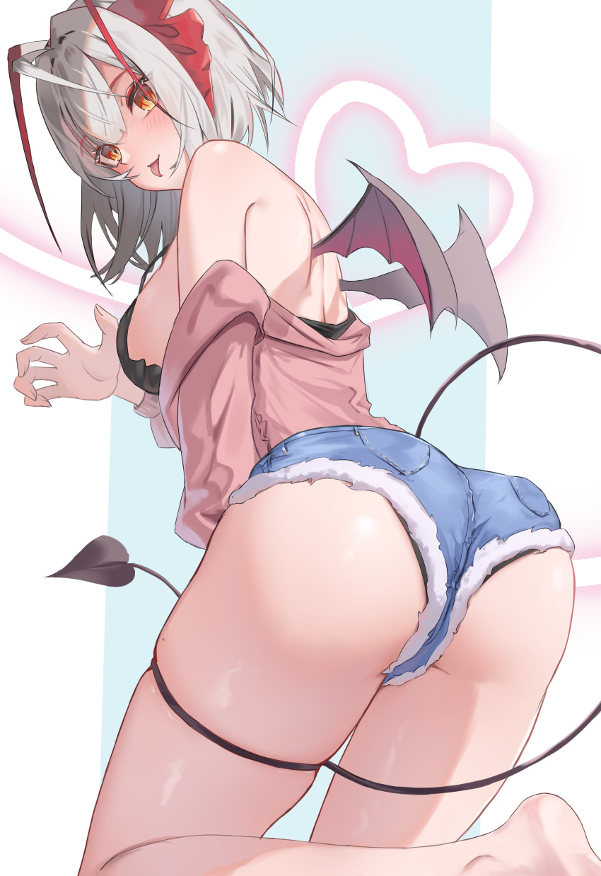 1girl absurdres ahoge alternate_costume antennae arknights ass bare_shoulders black_camisole black_wings blue_shorts breasts brown_jacket camisole commentary_request demon_girl demon_horns demon_tail demon_wings denim denim_shorts from_behind grey_hair heart highres horns jacket kneeling large_breasts looking_at_viewer looking_back off_shoulder orange_eyes red_horns shitomu1 short_hair short_shorts shorts simple_background skindentation solo tail thigh_strap tongue tongue_out w_(arknights) wings