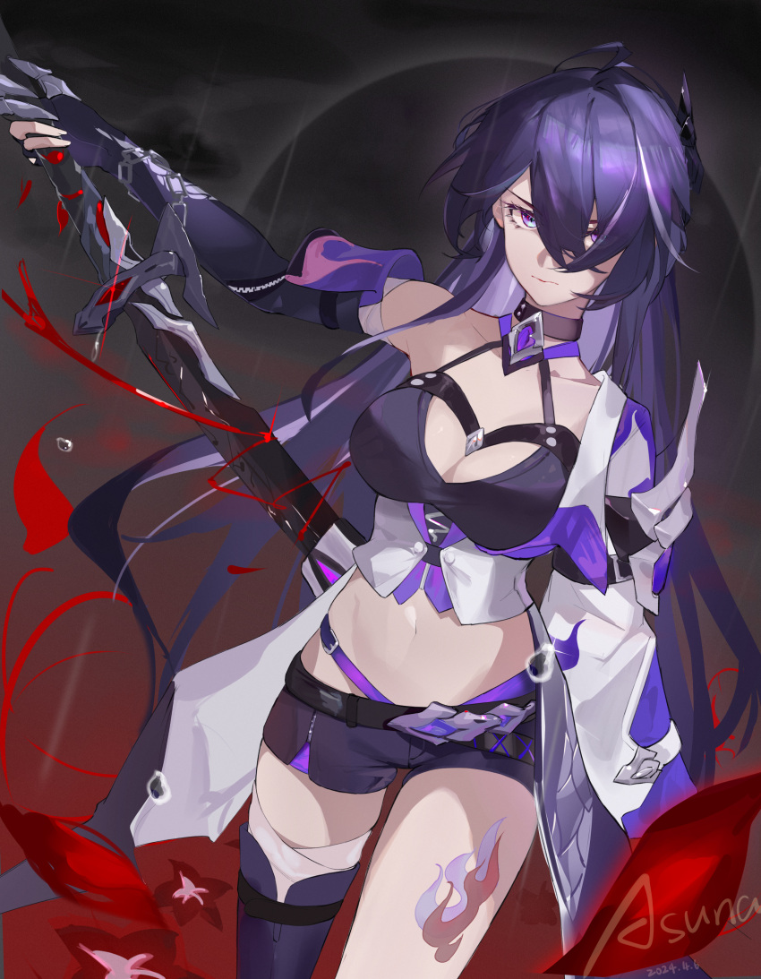 1girl absurdres acheron_(honkai:_star_rail) belt black_belt black_choker black_shorts choker coat commentary cowboy_shot crop_top halterneck highres holding holding_sword holding_weapon honkai:_star_rail honkai_(series) katana long_hair looking_at_viewer lqk_(pixiv_40481191) midriff navel purple_eyes purple_hair scabbard sheath short_shorts shorts single_bare_shoulder solo standing stomach sword thighs unsheathing very_long_hair weapon white_coat