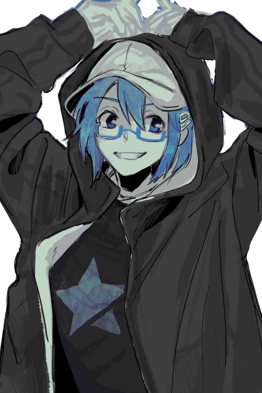 1girl black_jacket blue_eyes blue_hair commentary_request glasses grin hair_ornament hairclip highres hood hooded_jacket jacket koyomania long_sleeves looking_at_viewer mahou_shoujo_madoka_magica mahou_shoujo_madoka_magica_(anime) miki_sayaka open_mouth semi-rimless_eyewear short_hair simple_background smile solo star_(symbol) under-rim_eyewear upper_body white_background