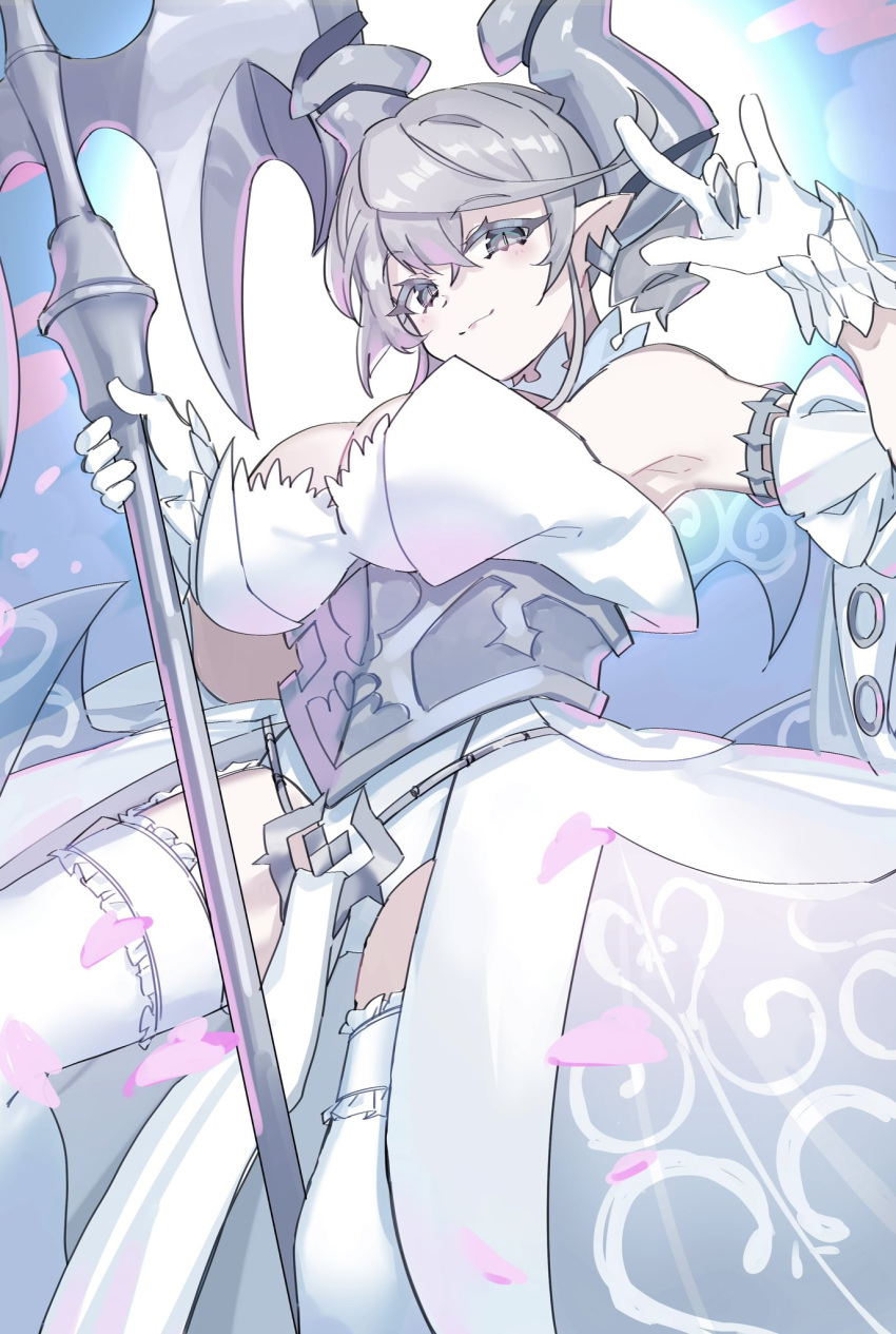 1girl breasts cleavage demon_girl demon_horns detached_sleeves dress drill_hair duel_monster from_below gloves grey_eyes grey_hair highres holding holding_polearm holding_weapon horns itoama_030 large_breasts looking_at_viewer lovely_labrynth_of_the_silver_castle petals pointy_ears polearm see-through see-through_skirt skirt slit_pupils solo strapless strapless_dress thighhighs twin_drills weapon white_dress white_gloves white_thighhighs yu-gi-oh!
