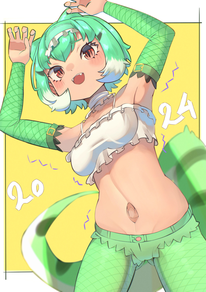 1girl absurdres animal_ears camisole chinese_water_dragon_(kemono_friends) choker elbow_gloves extra_ears gloves green_hair hairband highres kemono_friends lizard_tail looking_at_viewer multicolored_hair navel osnmykk pantyhose red_eyes reptile_girl short_hair shorts simple_background solo tail two-tone_hair white_hair yellow_background