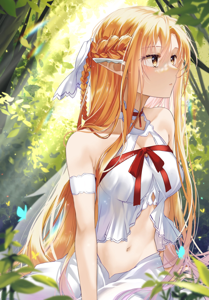 1girl absurdres arm_strap bare_shoulders blue_butterfly blurry blurry_foreground braid breasts bug butterfly cleavage cleavage_cutout closed_mouth clothing_cutout commentary crop_top dress expressionless french_braid highres istriri light_rays long_hair looking_ahead medium_breasts midriff nature navel neck_ribbon orange_eyes orange_hair pointy_ears red_ribbon ribbon shirt skirt solo stomach sword_art_online titania_(sao) upper_body white_dress white_shirt white_skirt