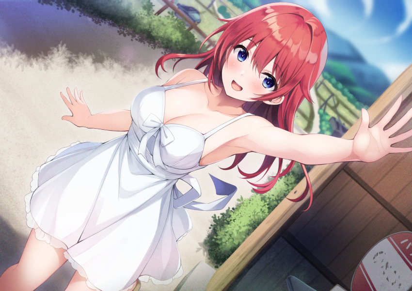 1girl absurdres bare_arms blue_eyes blue_sky blush breasts bus_stop cleavage cloud collarbone day dress fence hair_between_eyes highres large_breasts long_hair looking_at_viewer mountain non-web_source open_mouth original outdoors red_hair rural sky smile solo standing sundress utsurogi_akira waving white_dress