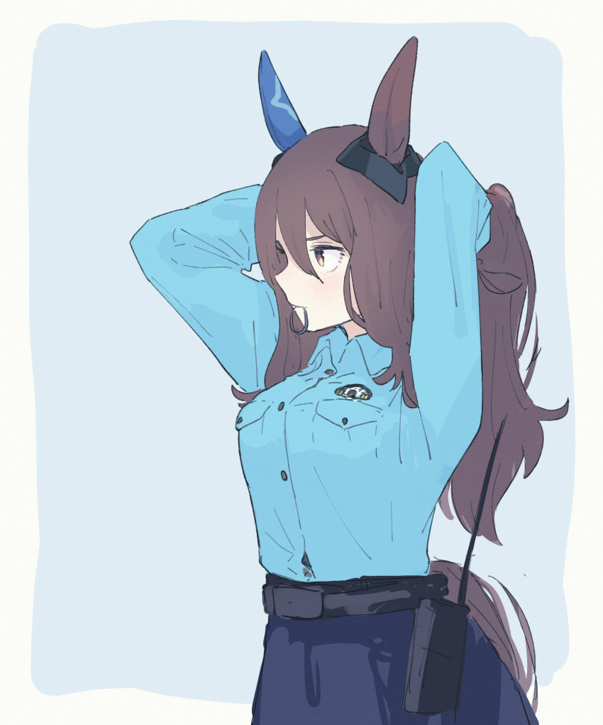 1girl admire_vega_(umamusume) alternate_costume animal_ears arms_up belt blue_skirt breast_pocket brown_hair closed_mouth collared_shirt ear_ornament earrings hair_between_eyes hair_tie_in_mouth highres horse_ears horse_girl horse_tail jewelry long_hair long_sleeves looking_afar mouth_hold pocket police police_uniform policewoman shirt shirt_tucked_in single_earring skirt solo tail takahashi_(user_ctpu5572) tying_hair umamusume uniform upper_body walkie-talkie yellow_eyes