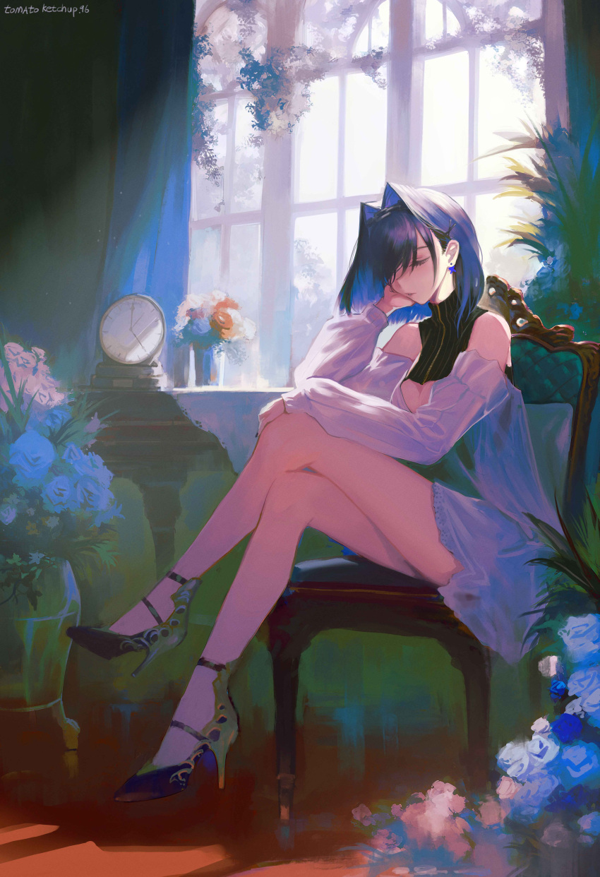 1girl absurdres bare_legs black_hair blue_hair breasts clock closed_eyes colored_inner_hair crossed_legs detached_sleeves dress drop_earrings earrings elbow_on_table english_commentary facing_ahead flower hair_intakes head_rest high_heels highres hololive hololive_english indoors jewelry multicolored_hair on_chair ouro_kronii shadow short_hair sidelighting solo tomatoketchup96 vase virtual_youtuber white_dress window