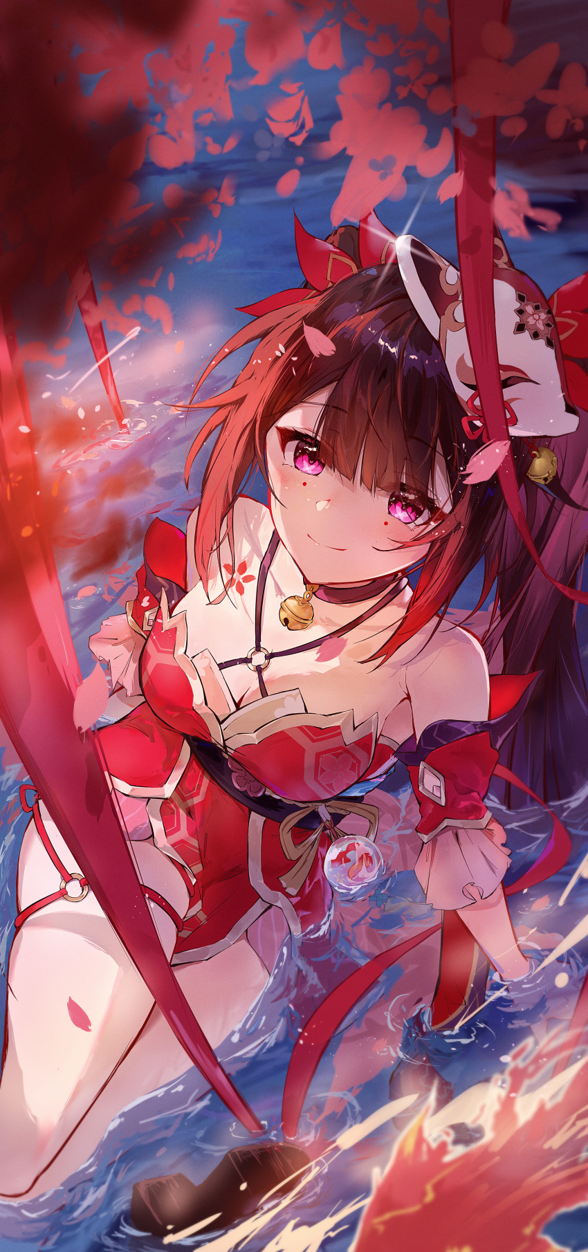 1girl absurdres bare_shoulders bell blurry blurry_foreground blush breasts brown_hair butterfly-shaped_pupils choker cleavage closed_mouth criss-cross_halter detached_sleeves dress feng1180 flower_tattoo fox_mask from_above halterneck highres honkai:_star_rail honkai_(series) long_hair looking_up mask mask_on_head neck_bell partially_submerged pink_eyes red_dress red_sleeves smile solo sparkle_(honkai:_star_rail) symbol-shaped_pupils tattoo twintails