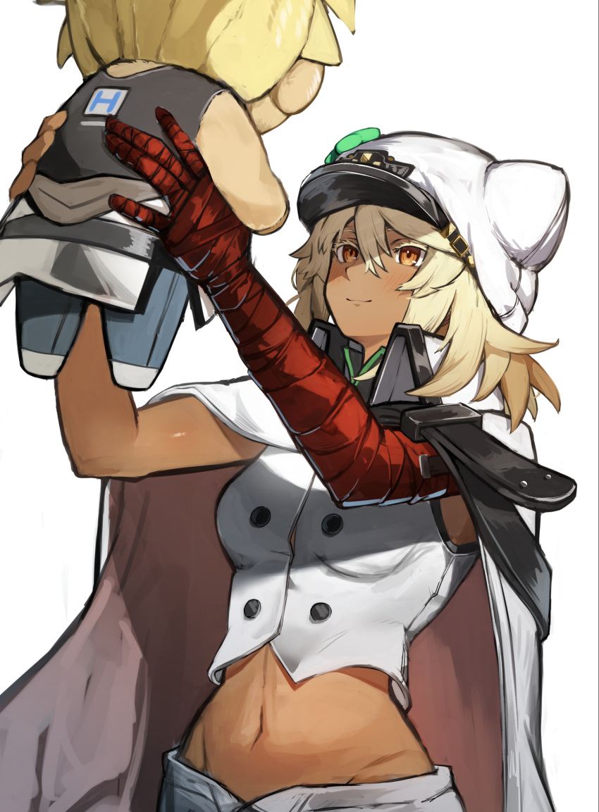 1girl bandaged_arm bandages blonde_hair breasts character_doll clover dark-skinned_female dark_skin four-leaf_clover guilty_gear guilty_gear_strive hair_between_eyes highres large_breasts long_hair navel orange_eyes osashimi_0343x ramlethal_valentine red_bandage shorts simple_background sin_kiske white_hat white_shorts