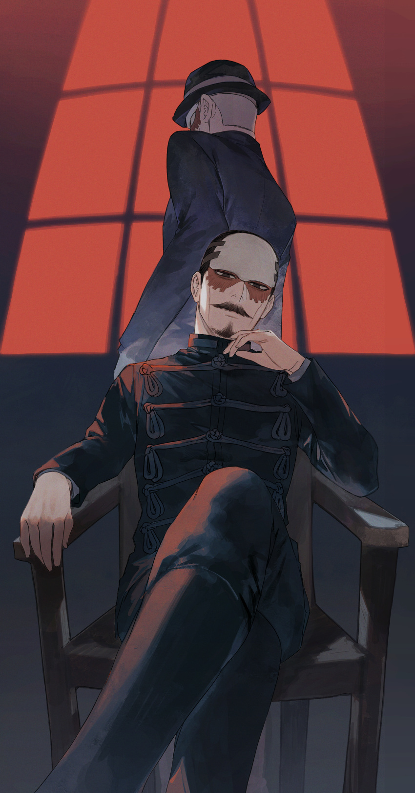 1boy absurdres black_eyes black_footwear black_hair black_shirt buzz_cut chair facial_hair forehead_protector golden_kamuy hand_up hat highres indoors long_sleeves male_focus multiple_views mustache ozi_cirwar shirt short_hair sitting tsurumi_tokushirou very_short_hair window