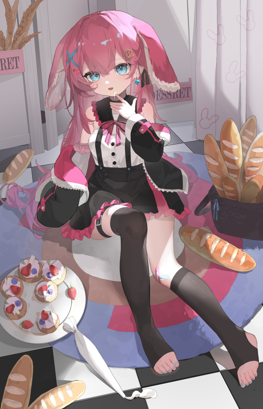 1girl absurdres animal_ears black_jacket black_skirt black_thighhighs blue_eyes blue_nails cream full_body highres jacket kele_mimi multicolored_nails nail_polish original pastry_bag pink_hair rabbit_ears rabbit_girl sitting skirt thighhighs toenail_polish toenails toes variant_set