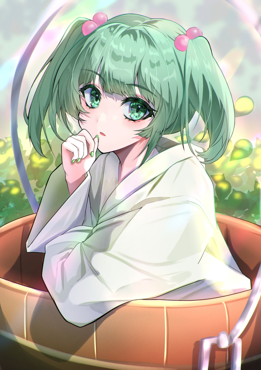 1girl absurdres bucket commentary_request green_eyes green_hair green_nails hair_bobbles hair_ornament head_tilt highres in_bucket in_container japanese_clothes kimono kisume leaning_on_object looking_at_viewer medium_hair nail_polish nyarocks open_mouth solo touhou two_side_up upper_body white_kimono wide_sleeves wooden_bucket