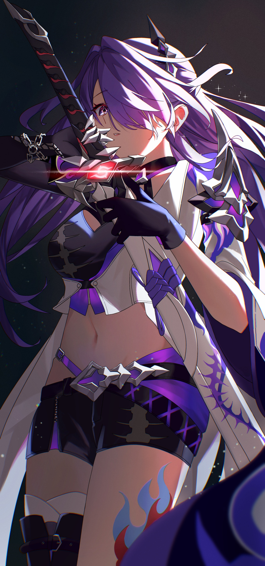 1girl absurdres acheron_(honkai:_star_rail) aichry black_background black_gloves coat commentary cowboy_shot gloves hair_over_one_eye highres holding holding_sword holding_weapon honkai:_star_rail honkai_(series) katana midriff navel purple_eyes purple_hair scabbard sheath sheathed solo standing stomach sword thighs weapon white_coat