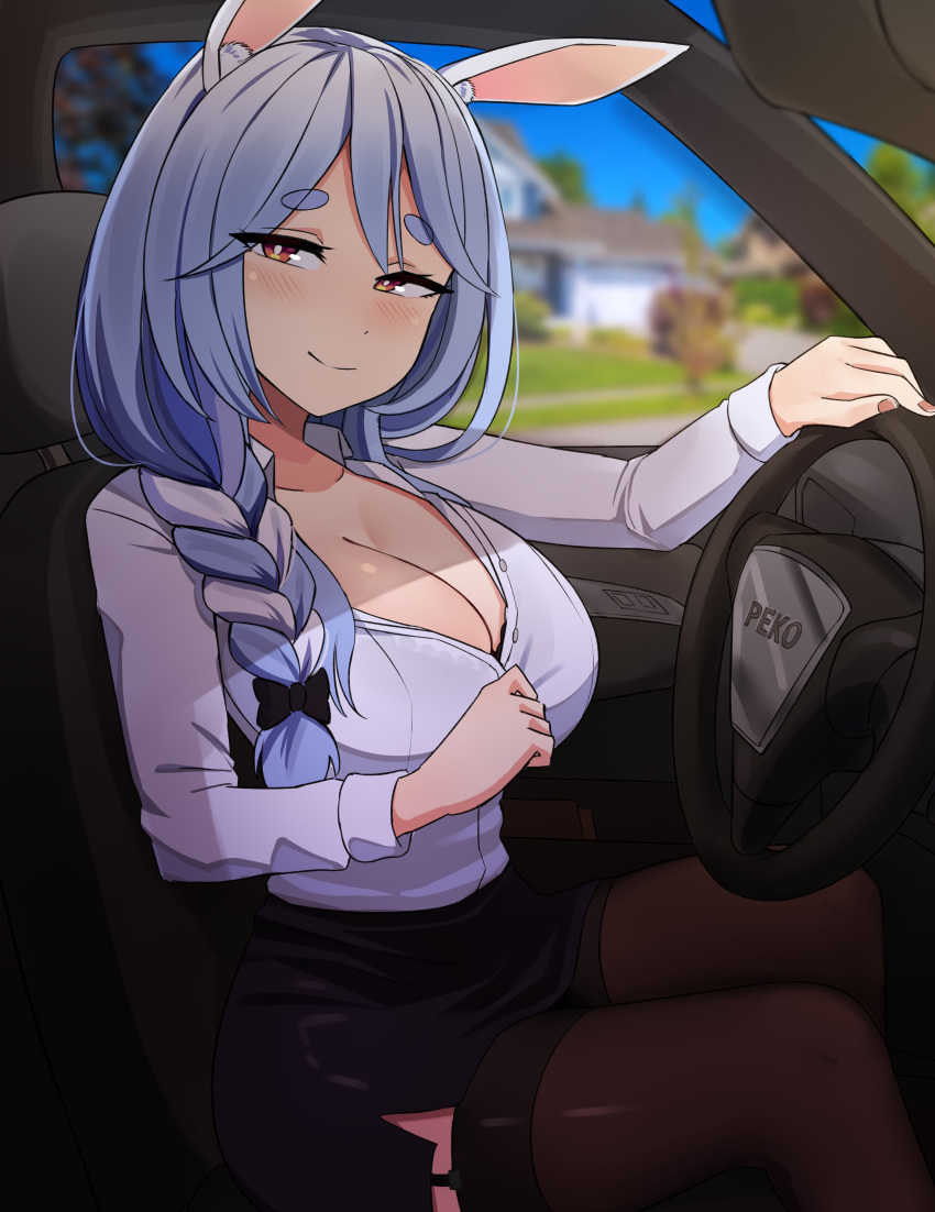 1girl absurdres animal_ear_fluff animal_ears blue_hair blush braid braided_ponytail breasts car car_interior cleavage highres hololive hololive_english large_breasts long_hair looking_at_viewer mature_female motor_vehicle multicolored_hair partially_unbuttoned pekomama peps_art rabbit_ears rabbit_girl short_eyebrows smile solo thick_eyebrows virtual_youtuber white_hair