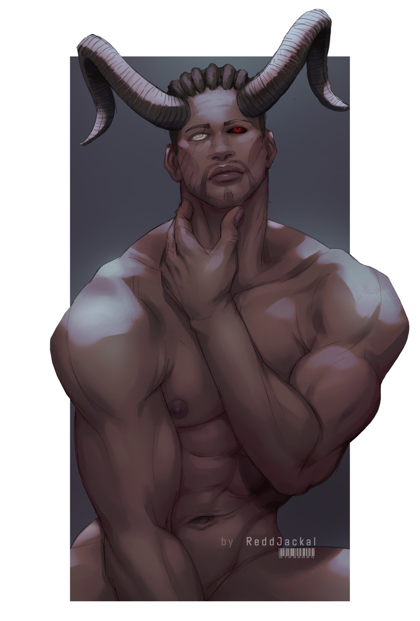 1boy abs absurdres baldur's_gate baldur's_gate_3 bara black_hair brown_hair convenient_arm cowboy_shot curled_horns dark-skinned_male dark_skin dreadlocks dungeons_&amp;_dragons facial_hair goatee highres horns large_horns long_neck looking_up male_focus mismatched_sclera monster_boy muscular muscular_male mustache_stubble nipples nude pectorals pointy_ears red_eyes reddjackal solo stubble thick_eyebrows very_dark_skin wyll_(baldur's_gate)