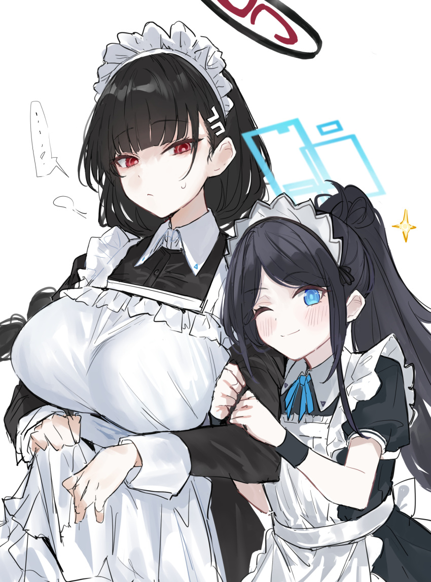 2girls alternate_costume apron aris_(blue_archive) black_dress black_hair blue_archive dress hair_ornament hairclip hangetsu15 highres long_hair looking_at_viewer low-braided_long_hair low-tied_long_hair maid maid_apron maid_headdress multiple_girls red_eyes rio_(blue_archive) white_apron