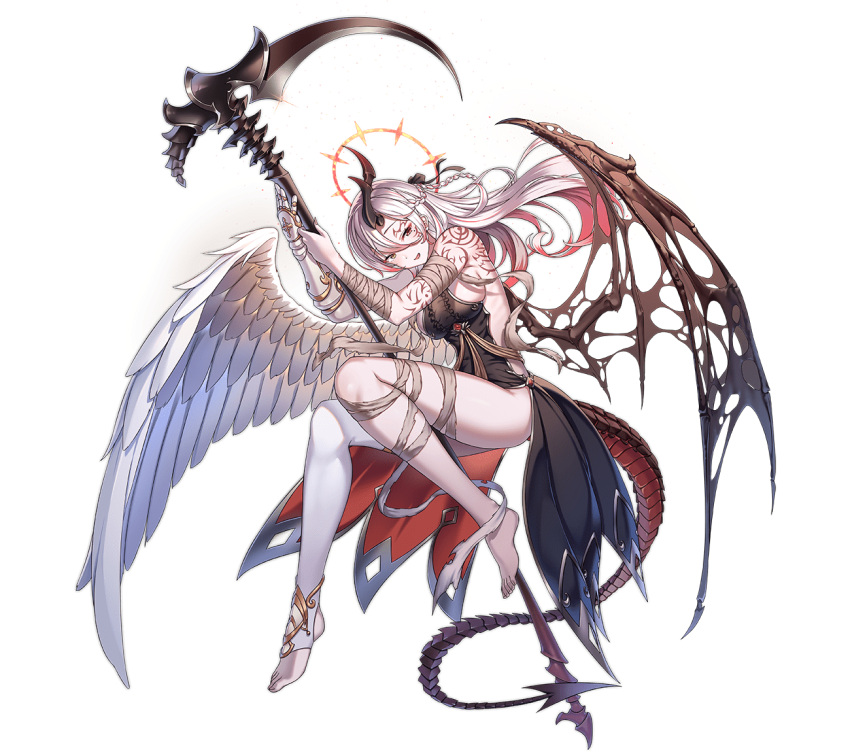 1girl :d angel angel_wings ark_order arm_tattoo artist_request bandaged_arm bandaged_leg bandages barefoot black_dress braid demon_girl demon_horns demon_tail demon_wings dress feathered_wings feathers full_body gauntlets gloves halo heterochromia holding holding_scythe horns looking_at_viewer mismatched_wings mole mole_under_eye multicolored_hair official_art pale_skin red_eyes red_hair samael_(ark_order) scythe single_gauntlet single_horn single_thighhigh smile solo stirrup_legwear streaked_hair tachi-e tail tattoo thighhighs toeless_legwear transparent_background two-tone_hair white_feathers white_gloves white_hair white_thighhighs white_wings wings yellow_eyes