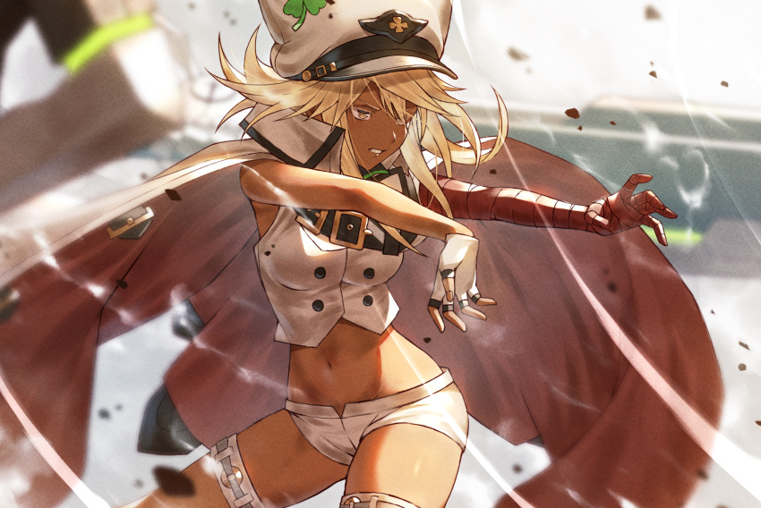 bandaged_arm bandages cape clover dark-skinned_female dark_skin fagi_(kakikaki) floating floating_object floating_sword floating_weapon four-leaf_clover guilty_gear guilty_gear_strive highres orange_eyes ramlethal_valentine red_bandage short_shorts shorts sword thigh_strap weapon white_shorts