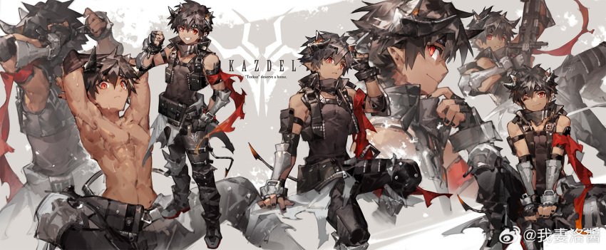 1boy arknights brown_hair demon_boy demon_horns demon_tail english_text fingerless_gloves gloves highres holding holding_sword holding_weapon horns looking_at_viewer muscular muscular_male odda_(arknights) one_eye_closed orange_eyes pointy_ears scorpion5050 solo sweat sword tail topless_male weapon