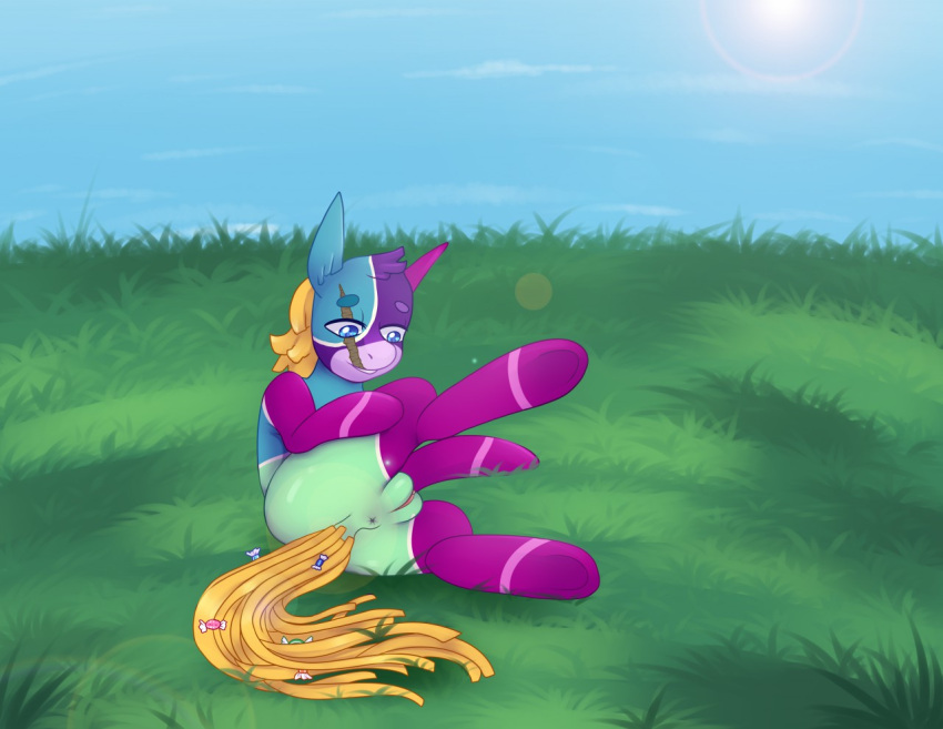 2019 anus blue_eyes candy dessert digital_drawing_(artwork) digital_media_(artwork) equid equine fan_character flowerofthesea food genitals grass hand_on_leg horse horstachio hudson_horstachio light lying mammal on_side outside plant purple_arms purple_legs pussy raised_leg rareware scar solo spread_legs spreading sunlight viva_pinata