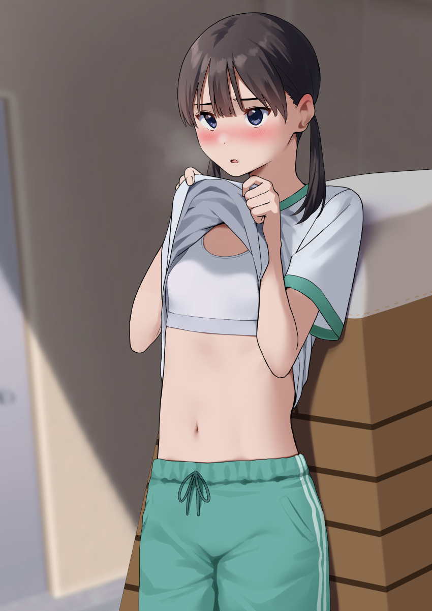 1girl absurdres black_hair blue_eyes breasts clothes_lift green_pants gym_shirt gym_storeroom gym_uniform highres indoors kiona_(giraffe_kiona) lifted_by_self navel original pants shirt shirt_lift short_hair small_breasts solo sports_bra track_pants twintails vaulting_horse white_sports_bra