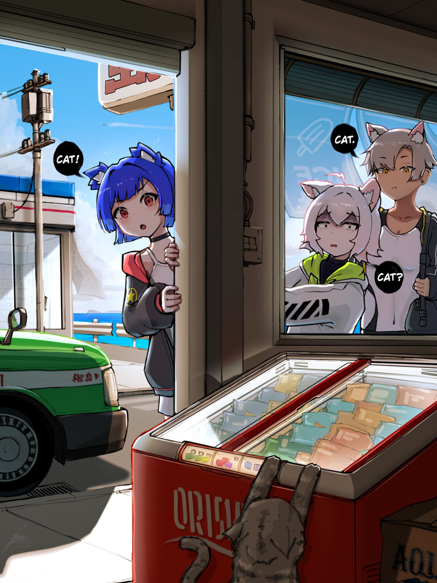 3girls :o ahoge animal animal_ear_fluff animal_ears backlighting bear_ears black_jacket blue_hair blue_sky borrowed_character box building car cat choker earrings english_commentary english_text freezer grey_hair gris_(vertigris) highres hood hood_down hooded_jacket jacket jewelry kara_(vertigris) knomico motor_vehicle multiple_girls orange_eyes original perl_(vertigris) power_lines red_eyes shop short_hair sign sky utility_pole white_hair