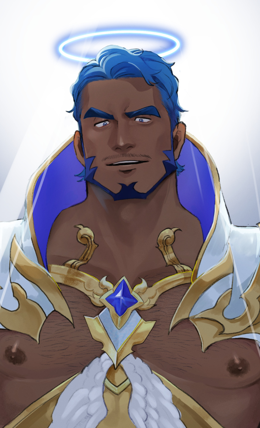 1boy absurdres armor bara beard blue_eyes blue_hair blue_halo chest_hair collarbone crave_saga dark-skinned_male dark_skin facial_hair glowing_halo halo highres looking_down male_focus muscular muscular_male mustache_stubble nipples parted_lips pectorals short_hair simple_background solo stubble thick_eyebrows usuki_(usukine1go) zegidoel_(crave_saga)